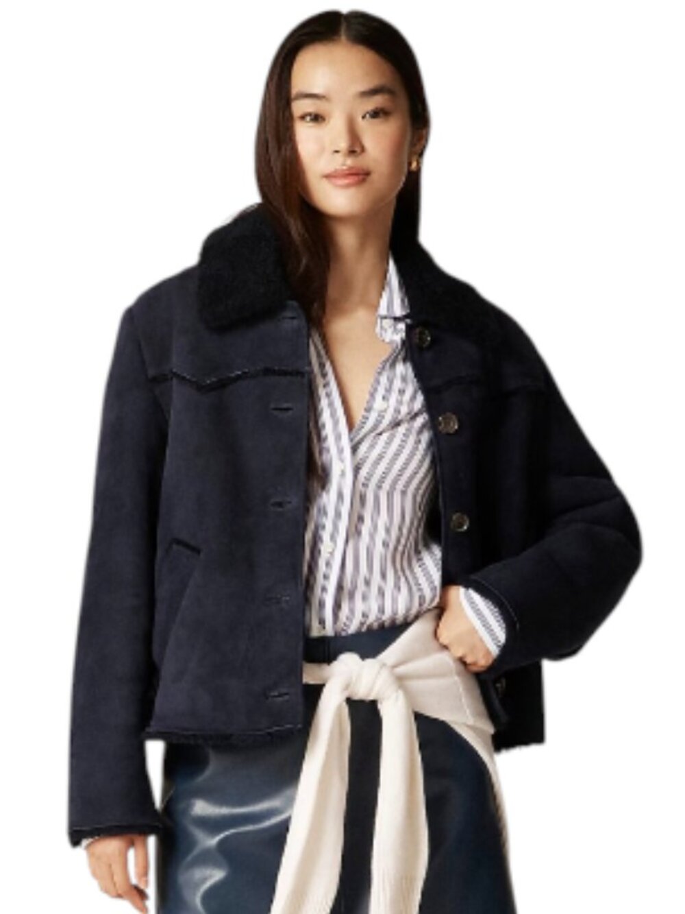 NWT JCREW Shearling Coat Bomber Jacket Womens Small Navy Blue Suede NEW CE186